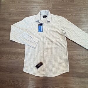Nautica Mens Performance Slim Fit Anchor Print Dress Shirt White Blue S 32/33
